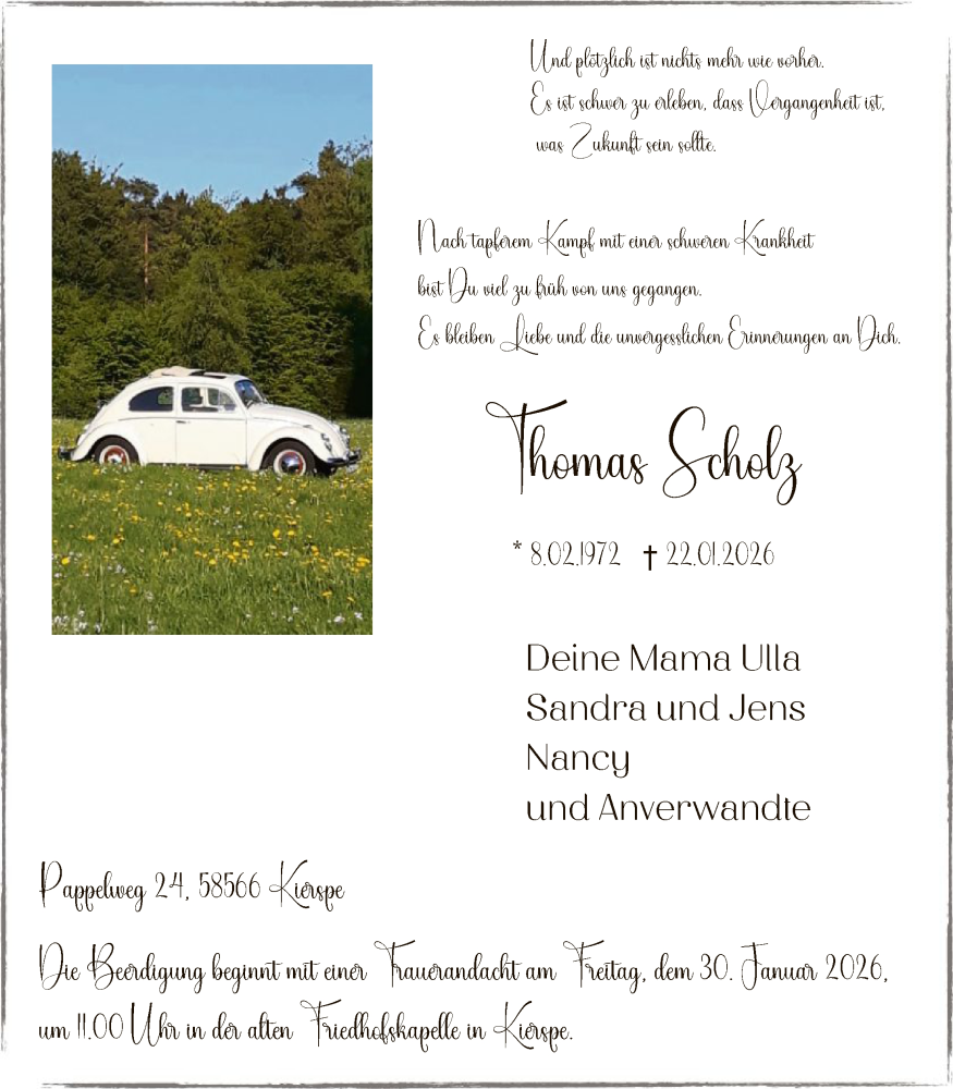  Traueranzeige für Thomas Scholz vom 27.01.2026 aus HALN