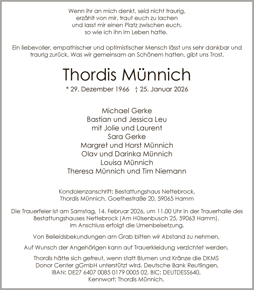  Traueranzeige für Thordis Münnich vom 31.01.2026 aus HAWA