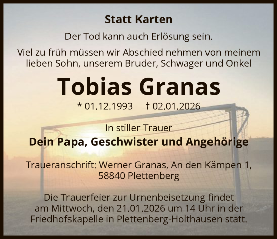Traueranzeige von Tobias Granas von HALN