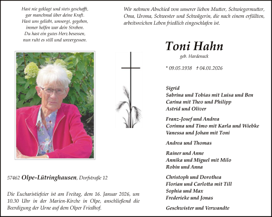 Traueranzeige von Toni Hahn von HASK