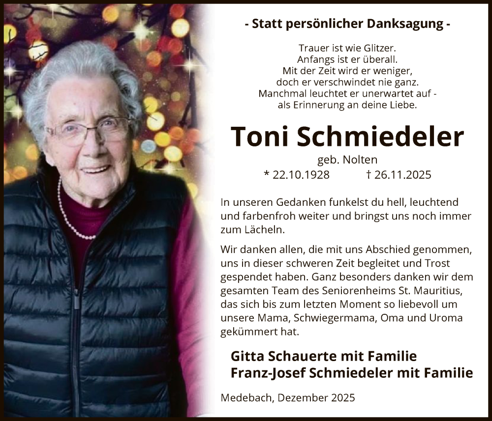  Traueranzeige für Toni Schmiedeler vom 03.01.2026 aus HASK