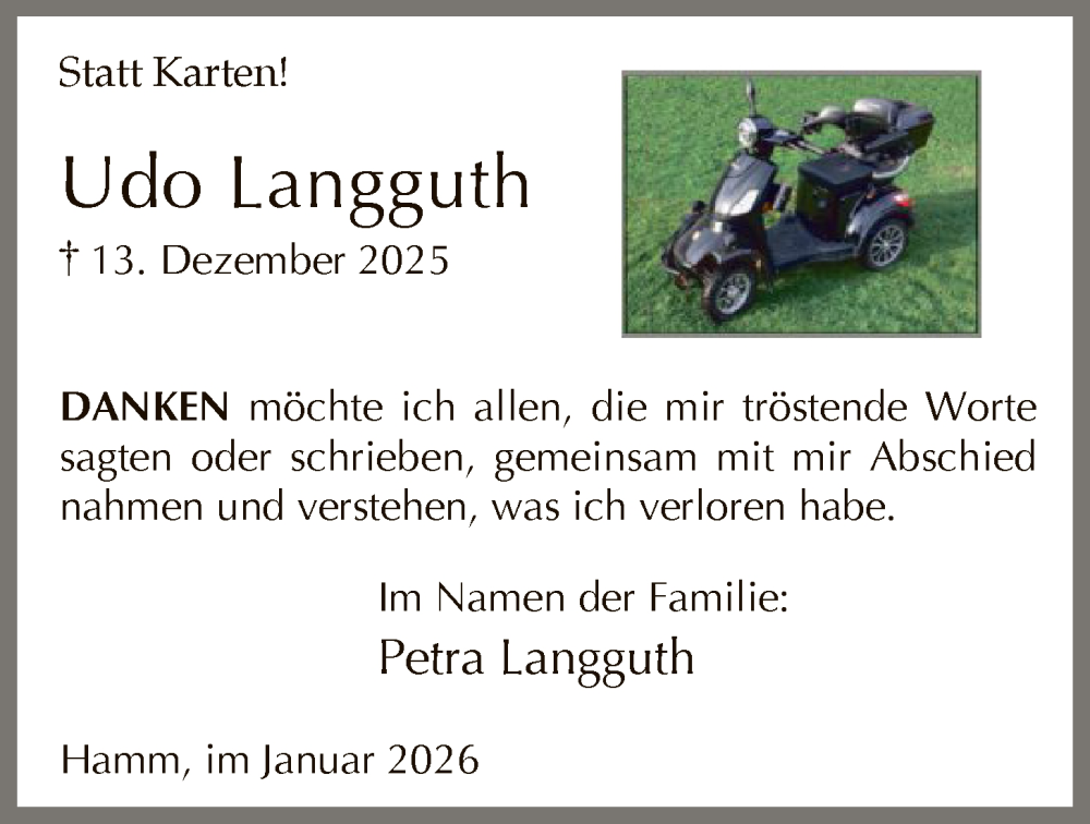  Traueranzeige für Udo Langguth vom 24.01.2026 aus HAWA