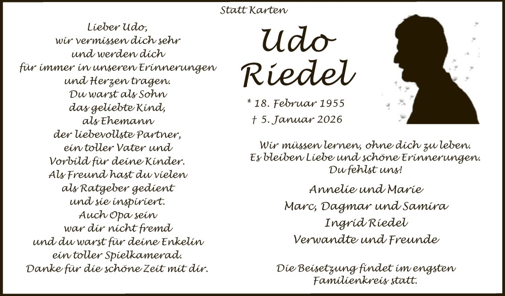  Traueranzeige für Udo Riedel vom 10.01.2026 aus HASK