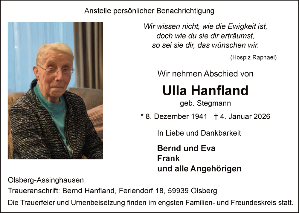  Traueranzeige für Ulla Hanfland vom 10.01.2026 aus HASK