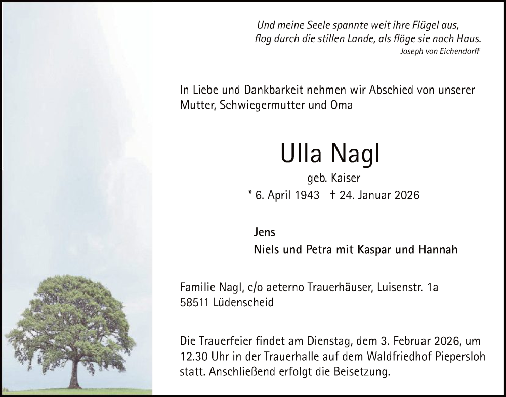  Traueranzeige für Ulla Nagl vom 31.01.2026 aus HALN