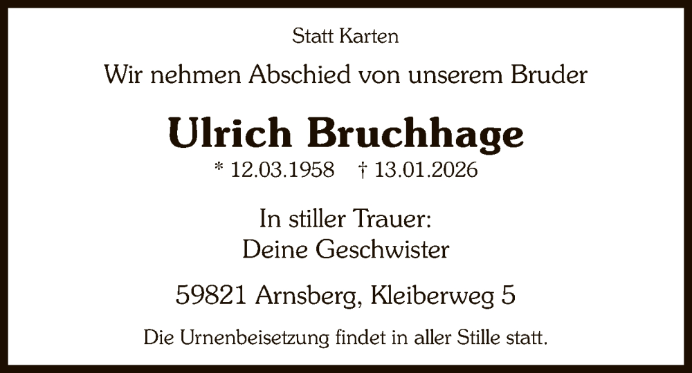  Traueranzeige für Ulrich Bruchhage vom 17.01.2026 aus HASK