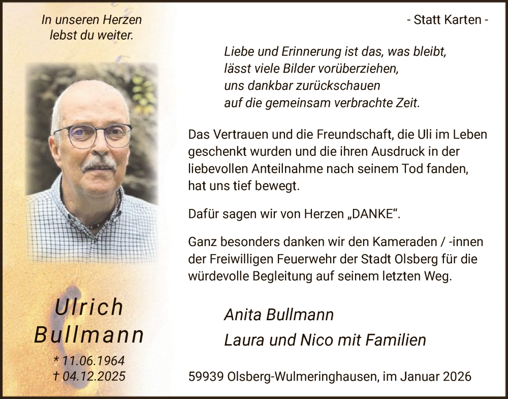  Traueranzeige für Ulrich Bullmann vom 17.01.2026 aus HASK
