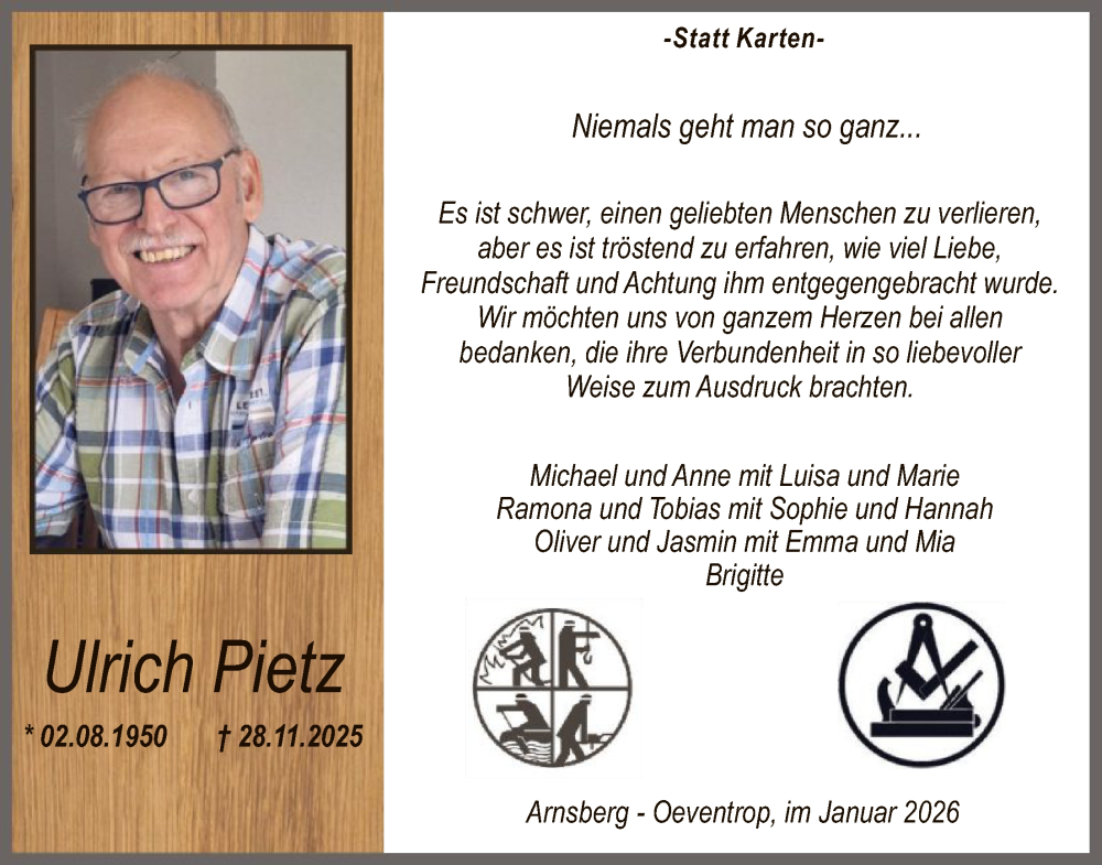  Traueranzeige für Ulrich Pietz vom 17.01.2026 aus HASK