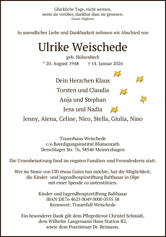 Traueranzeige von Ulrike Weischede von HALN
