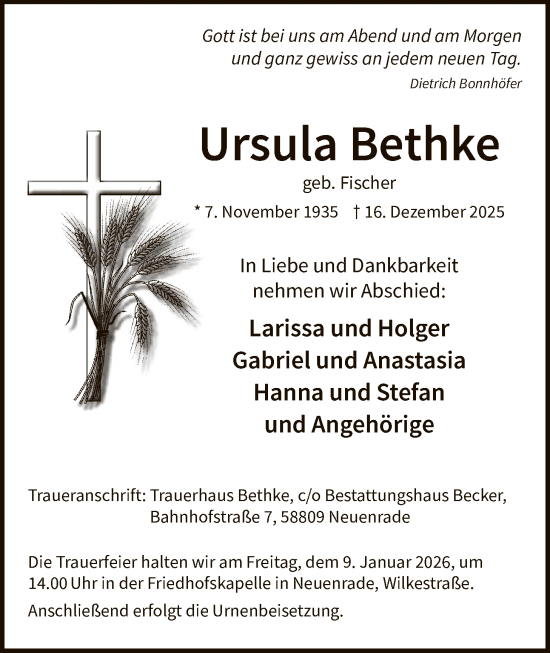Traueranzeige von Ursula Bethke von HALN