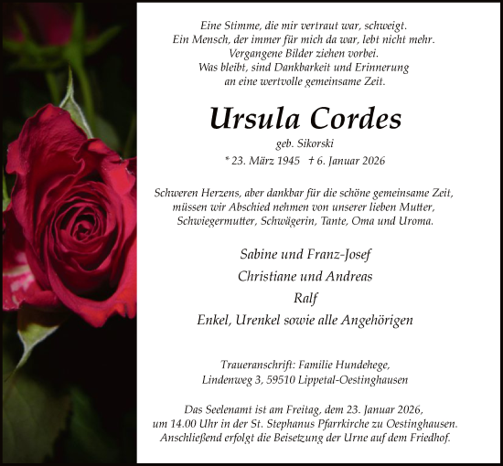 Traueranzeige von Ursula Cordes von HASO