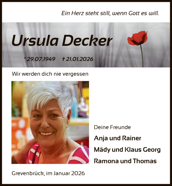 Traueranzeige von Ursula Decker von HASK