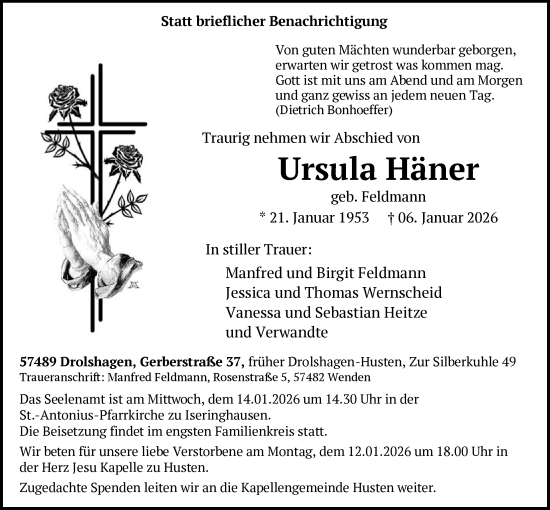 Traueranzeige von Ursula Häner von HASK