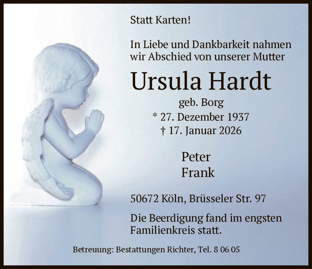  Traueranzeige für Ursula Hardt vom 31.01.2026 aus HAWA