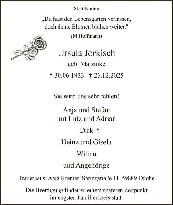 Traueranzeige von Ursula Jorkisch von HASK