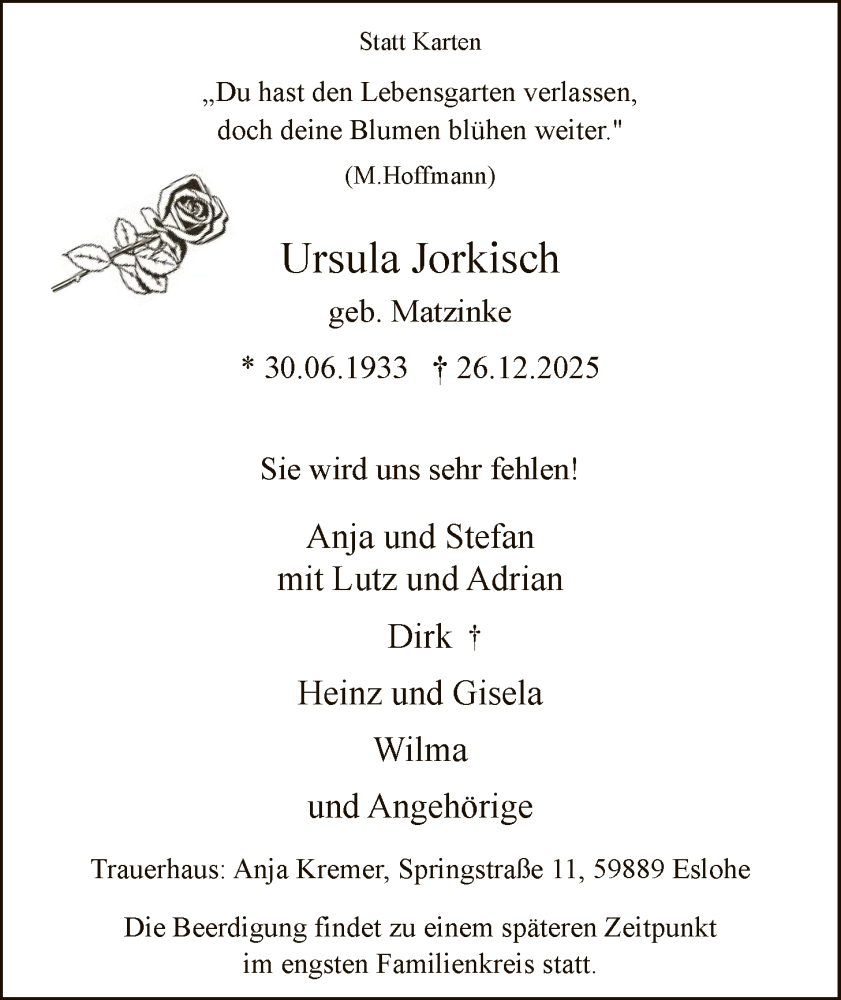  Traueranzeige für Ursula Jorkisch vom 03.01.2026 aus HASK