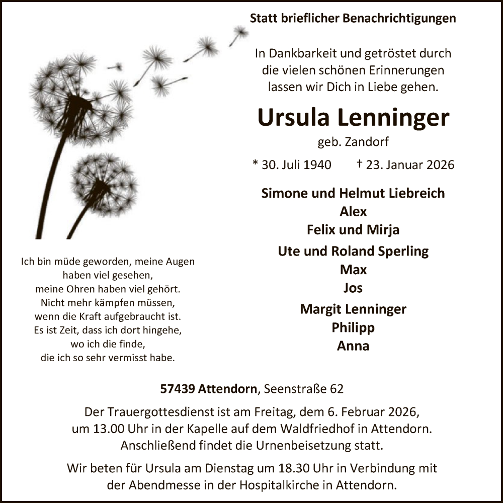  Traueranzeige für Ursula Lenninger vom 31.01.2026 aus HASK