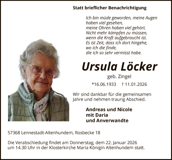 Traueranzeige von Ursula Löcker von HASK