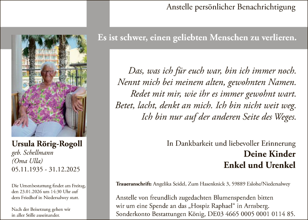  Traueranzeige für Ursula Rörig-Rogoll vom 17.01.2026 aus HASK