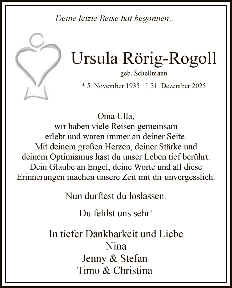  Traueranzeige für Ursula Rörig-Rogoll vom 17.01.2026 aus HASK