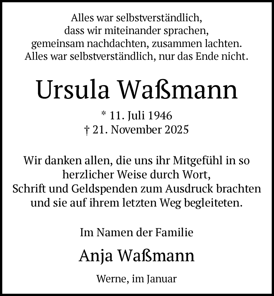  Traueranzeige für Ursula Waßmann vom 17.01.2026 aus HAWA