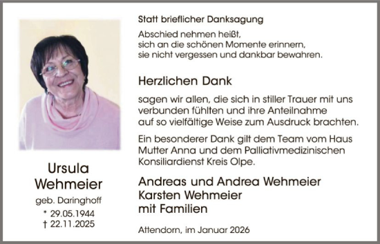 Traueranzeige von Ursula Wehmeier von HASK