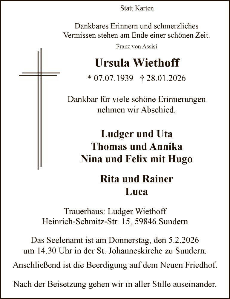  Traueranzeige für Ursula Wiethoff vom 31.01.2026 aus HASK