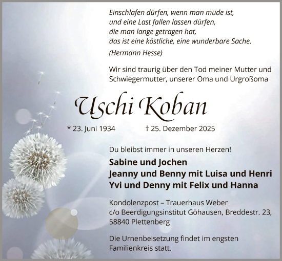 Traueranzeige von Uschi Koban von HALN