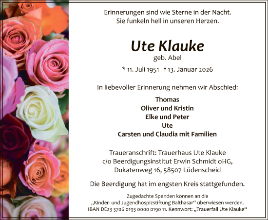 Traueranzeige von Ute Klauke von HALN