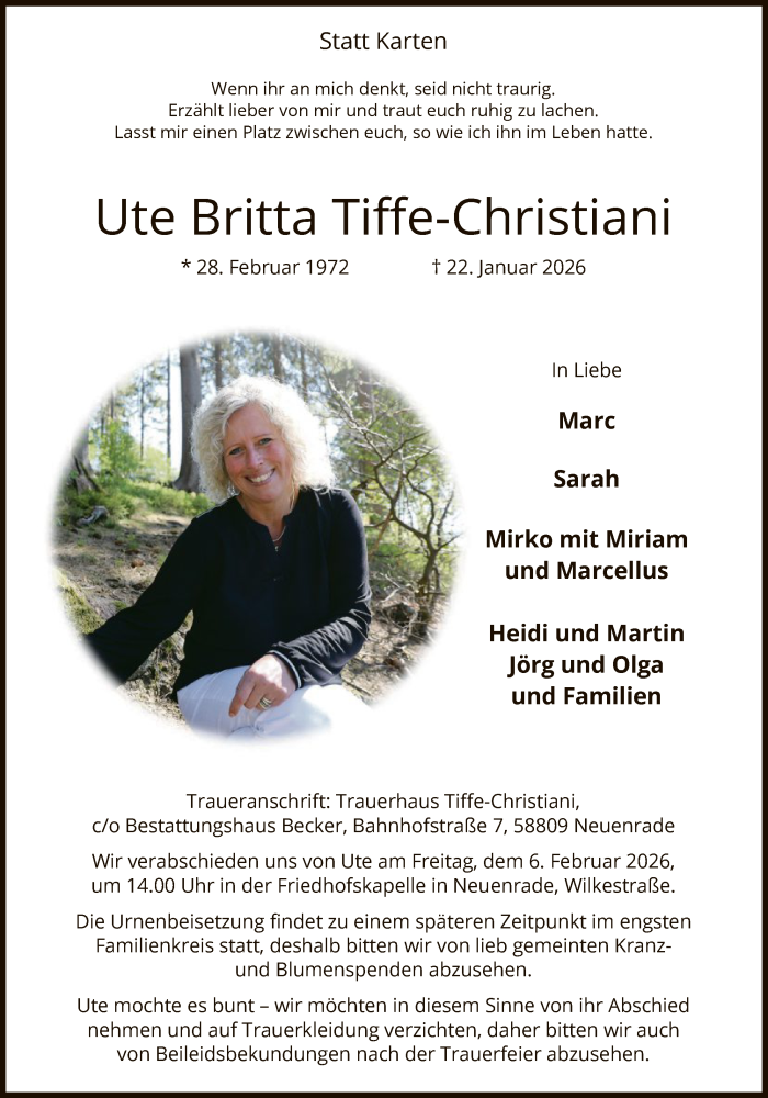  Traueranzeige für Ute Britta Tiffe-Christiani vom 31.01.2026 aus HALN