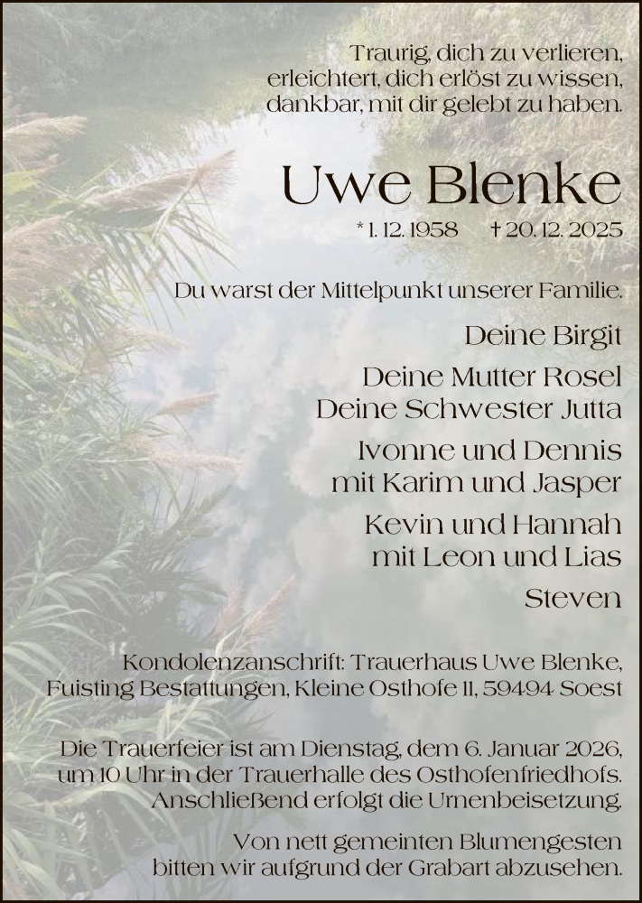  Traueranzeige für Uwe Blenke vom 03.01.2026 aus HASO