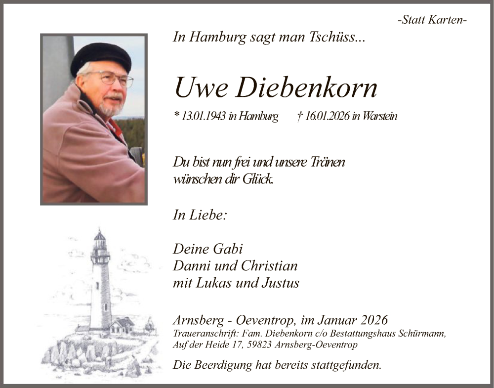  Traueranzeige für Uwe Diebenkorn vom 24.01.2026 aus HASK