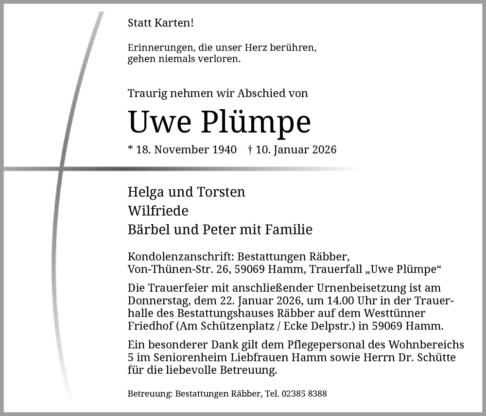  Traueranzeige für Uwe Plümpe vom 17.01.2026 aus HAWA