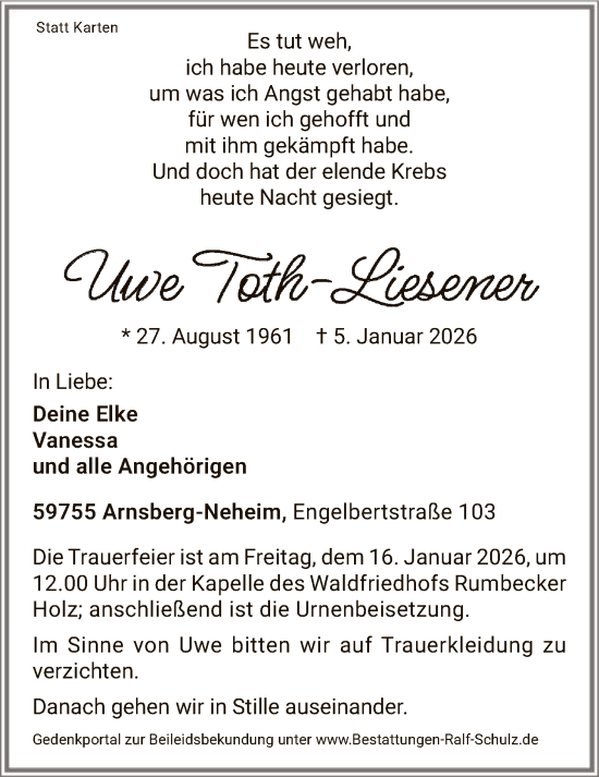 Traueranzeige von Uwe Toth-Liesener von HASK