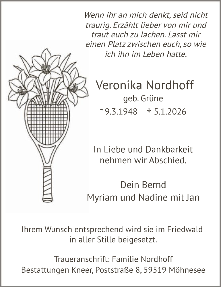  Traueranzeige für Veronika Nordhoff vom 09.01.2026 aus HASO