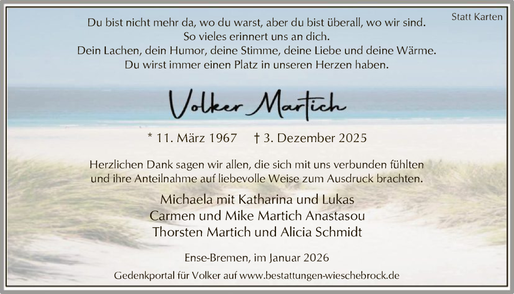  Traueranzeige für Volker Martich vom 10.01.2026 aus HASO