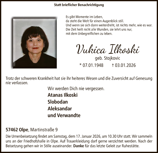 Traueranzeige von Vukica Ilkoski von HASK