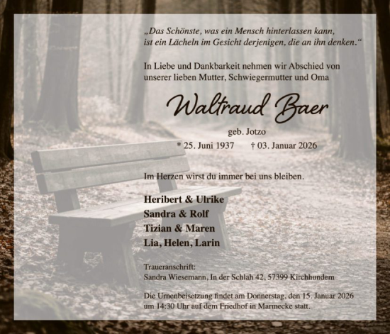 Traueranzeige von Walpurg Breer von HASK