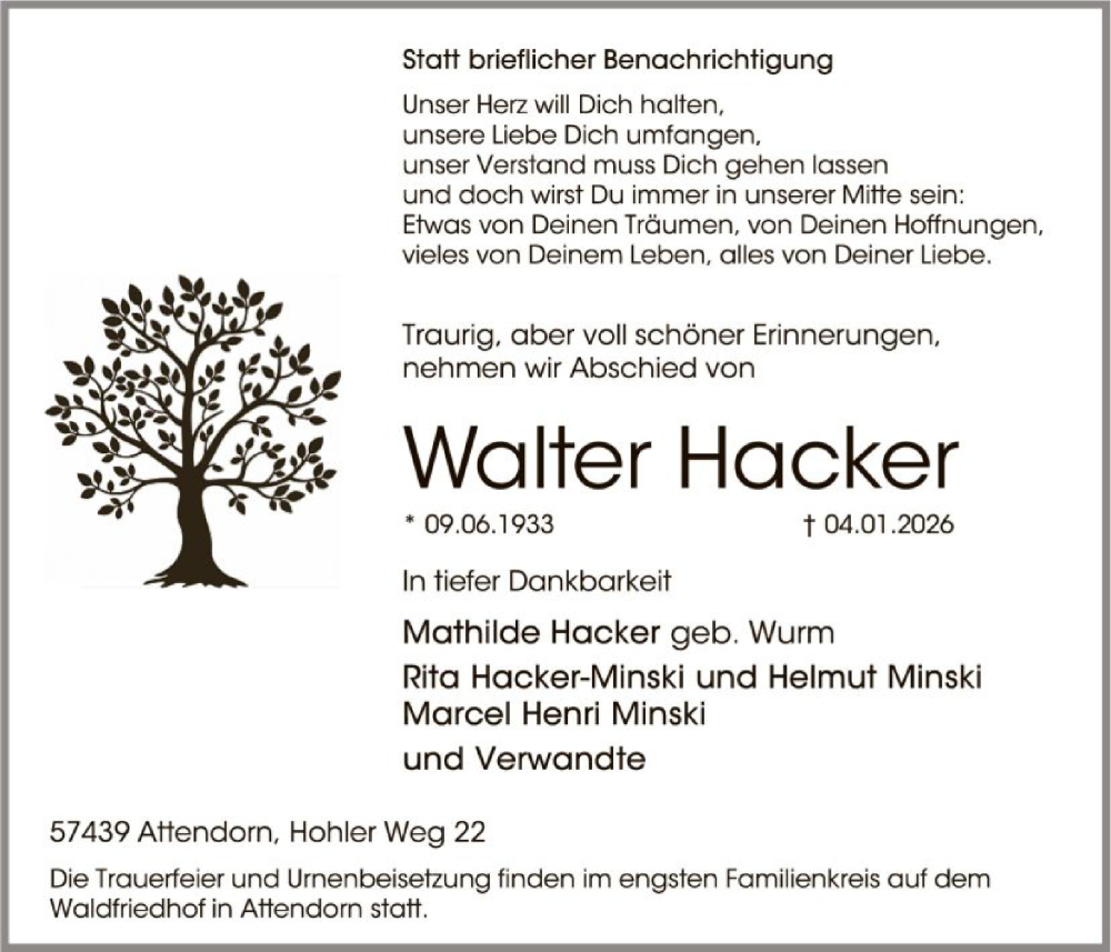  Traueranzeige für Walter Hacker vom 10.01.2026 aus HASK