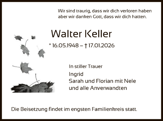 Traueranzeige von Walter Keller von HAWA