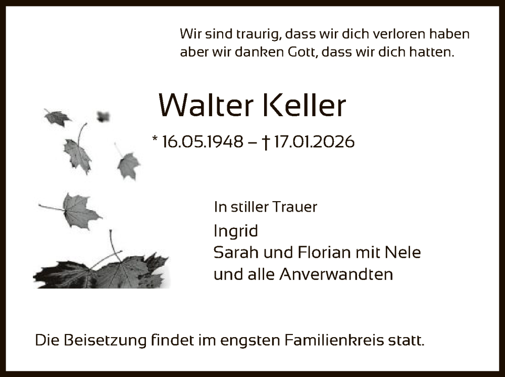 Traueranzeige für Walter Keller vom 26.01.2026 aus HAWA