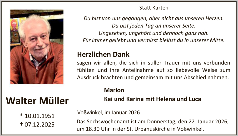  Traueranzeige für Walter Müller vom 17.01.2026 aus HASK