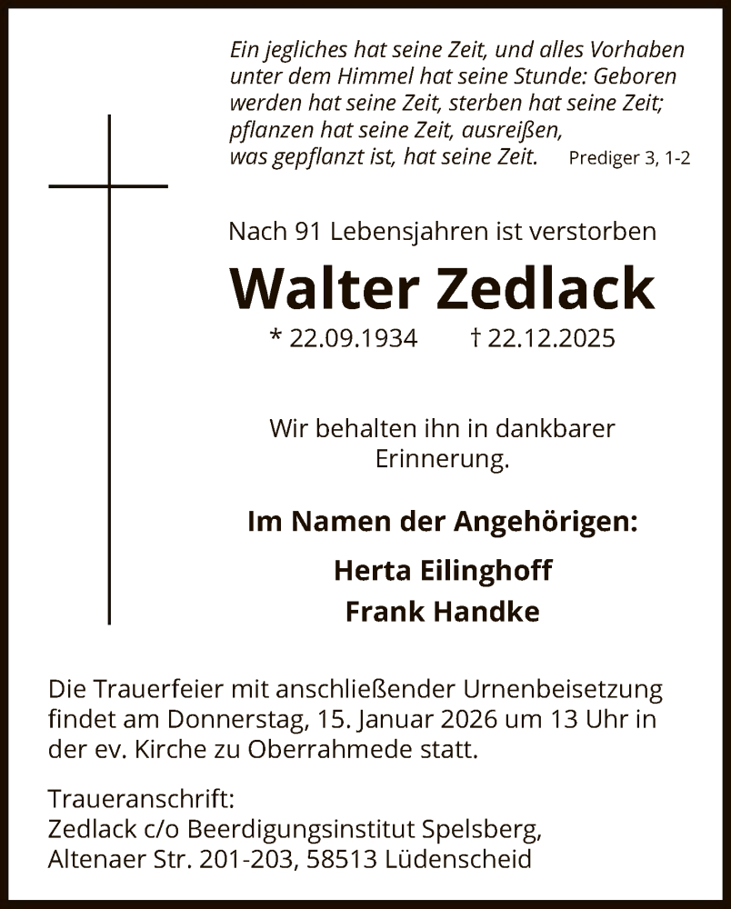  Traueranzeige für Walter Zedlack vom 10.01.2026 aus HALN
