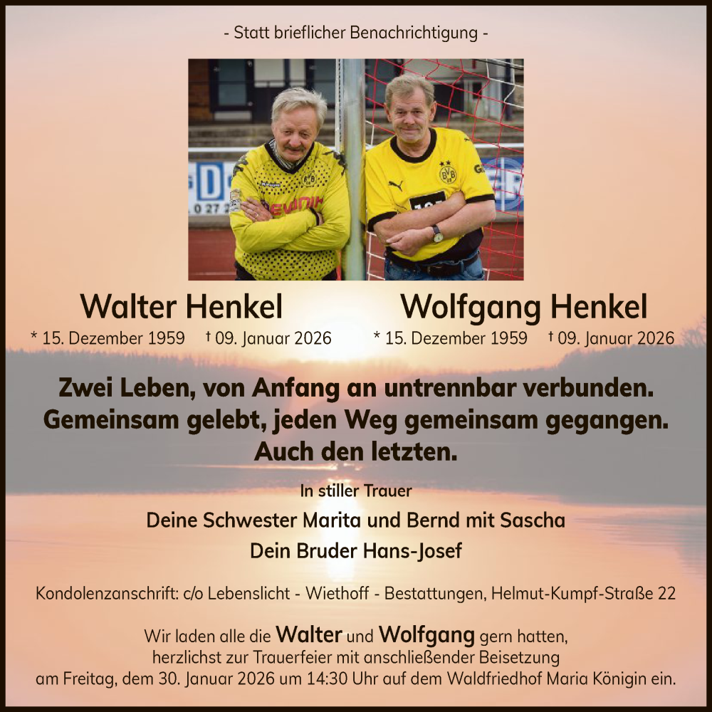  Traueranzeige für Walter und Wolfgang Henkel vom 24.01.2026 aus HASK