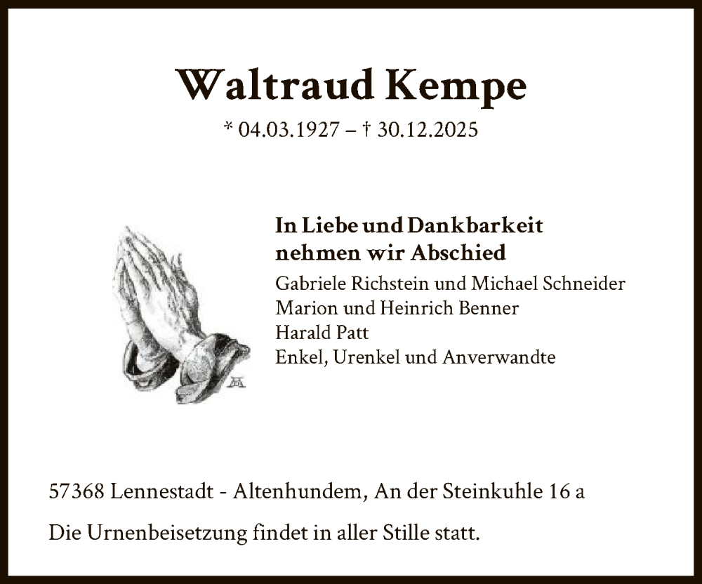  Traueranzeige für Waltraud Kempe vom 10.01.2026 aus HASK