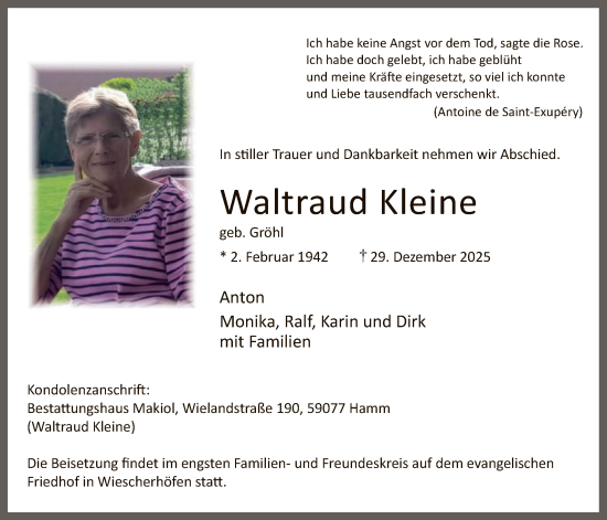 Traueranzeige von Waltraud Kleine von HAWA