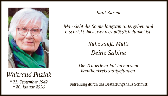 Traueranzeige von Waltraud Puziak von HAWA