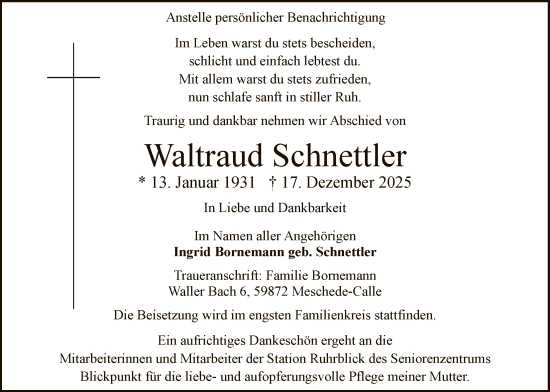 Traueranzeige von Waltraud Schnettler von HASK
