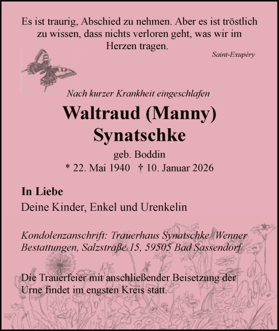 Traueranzeige von Waltraud Synatschke von HASO