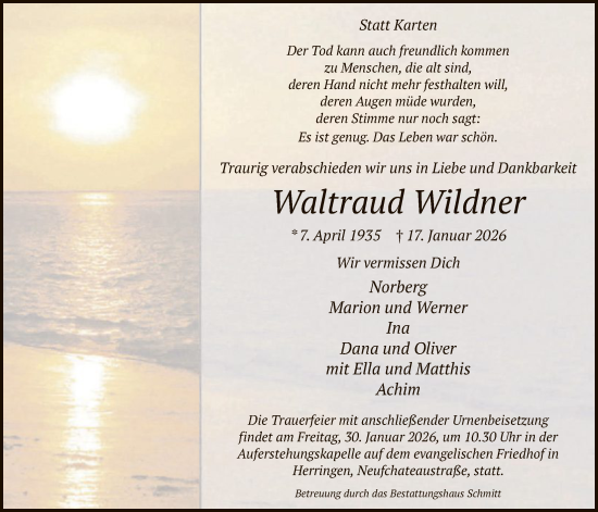 Traueranzeige von Waltraud Wildner von HAWA